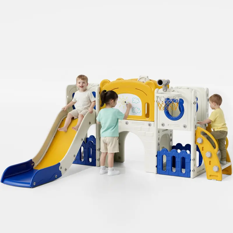 Arlopu 10-In-1 Indoor/Outdoor Playset – Slide, Climber, Basketball Hoop, Tunnel, Drawing Board, Telescope & Storage 4