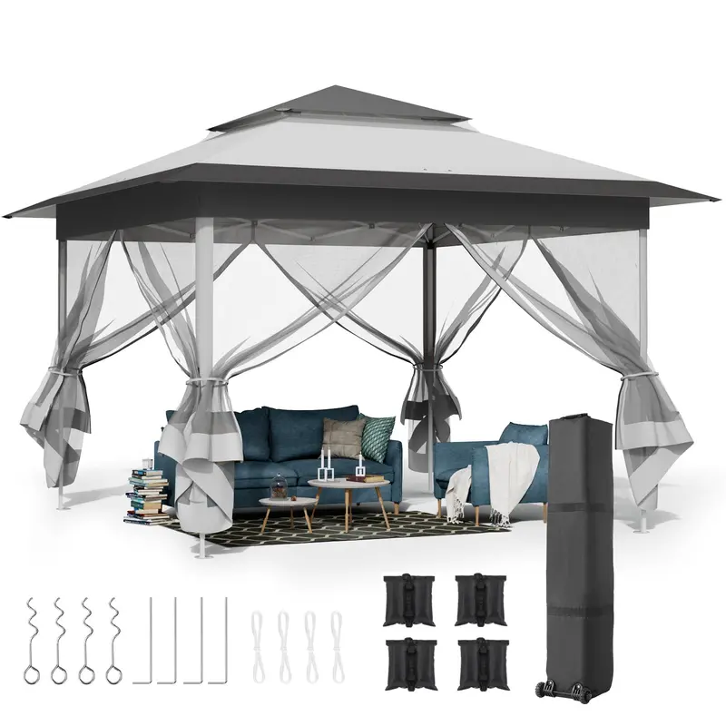 Arlopu 11X11 Ft Pop-Up Gazebo – Instant Outdoor Canopy With Mesh Sidewalls, Auto-Extending Eaves, Center Lock, And Wheeled Transport Bag 1