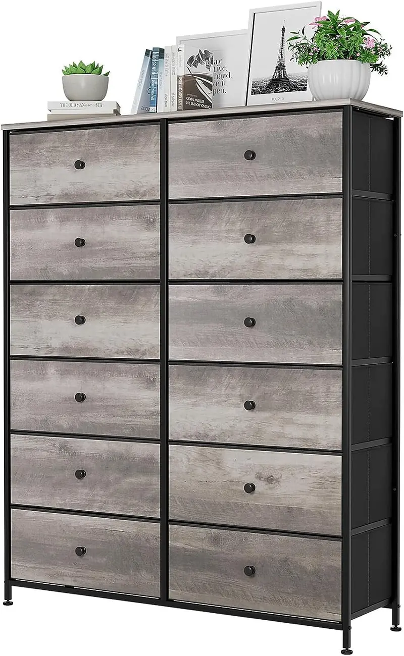 Arlopu 12-Drawer Fabric Storage Tower – Textured-Bin Organizer With Wood Top & Adjustable Feet 1