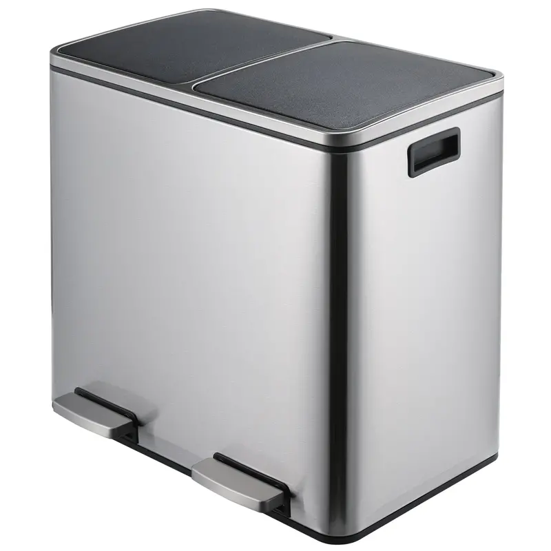 Arlopu 12-Gallon Classified Recycling Bin – Step-Operated Dual-Compartment Stainless Steel Garbage Can With Inner Buckets 1