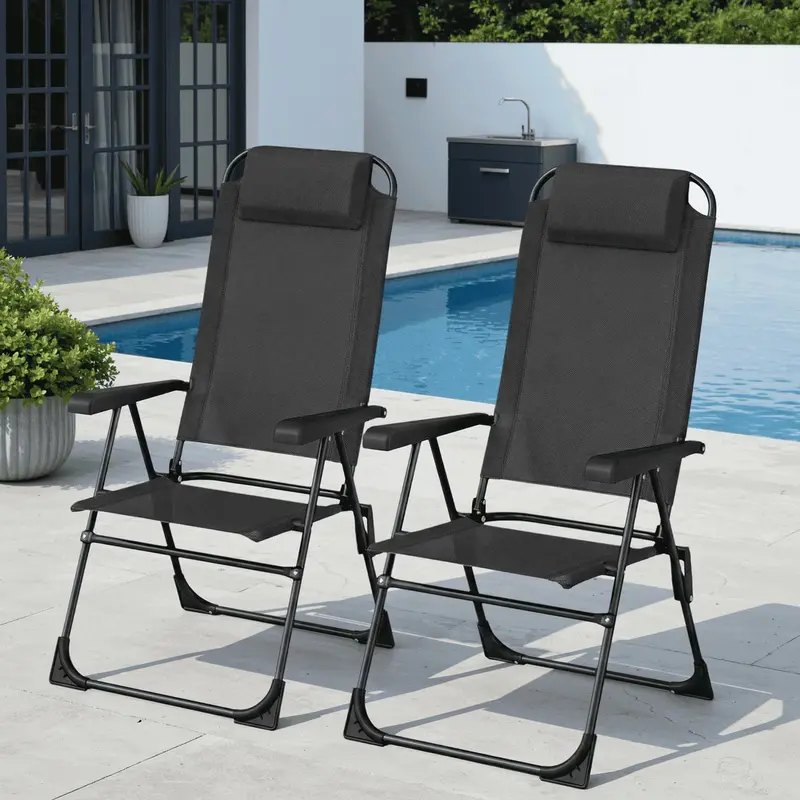 Arlopu 2-Pack Ergonomic Folding Patio Chairs – Teslin-Back Adjustable Lounge Seats With Headrest, Armrests & Non-Slip Feet 1