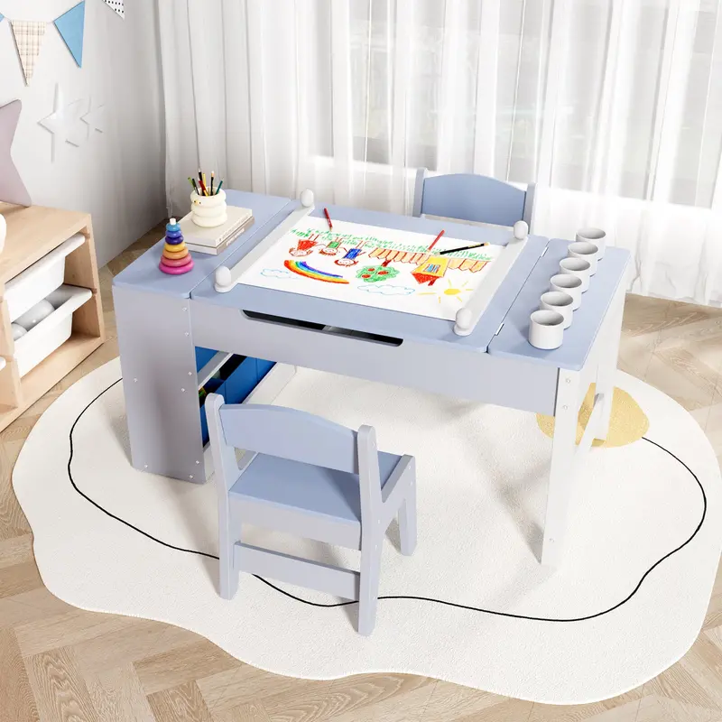 Arlopu 3-In-1 Kids’ Activity Craft Table – Adjustable Wooden Drawing Desk With Easel, Tilt Panel, 6 Paint Cups & 6 Storage Bins 2