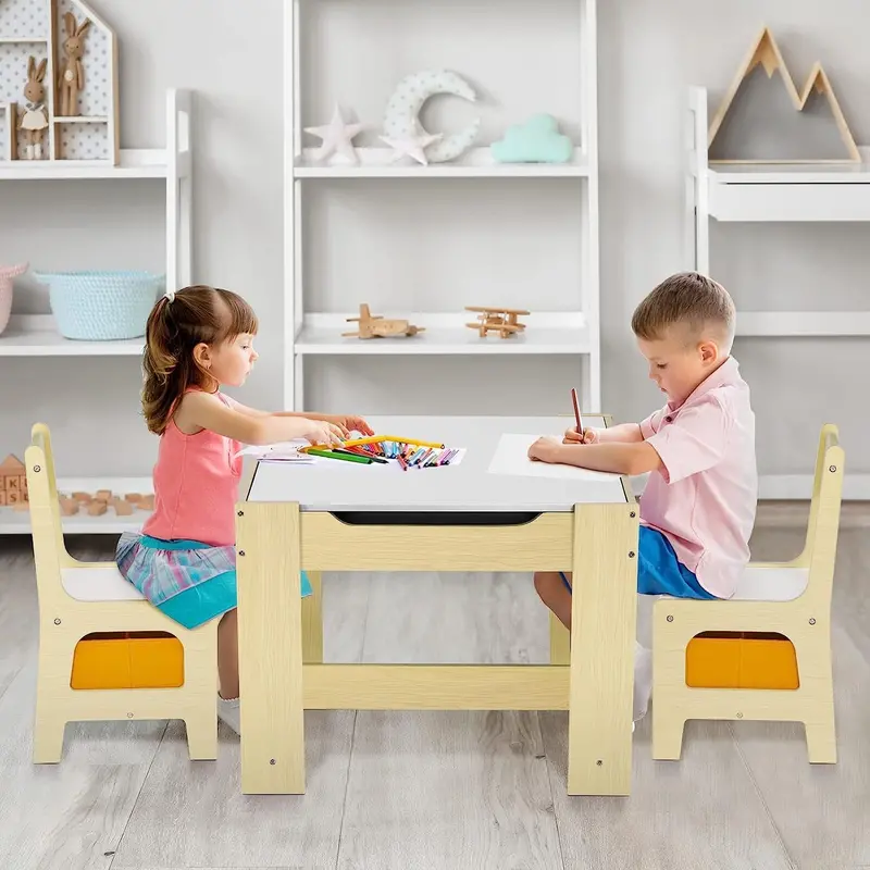 Arlopu 3-Piece Wooden Kids Table Set: Children’S Play Table With 2 Chairs And Built-In Storage 1