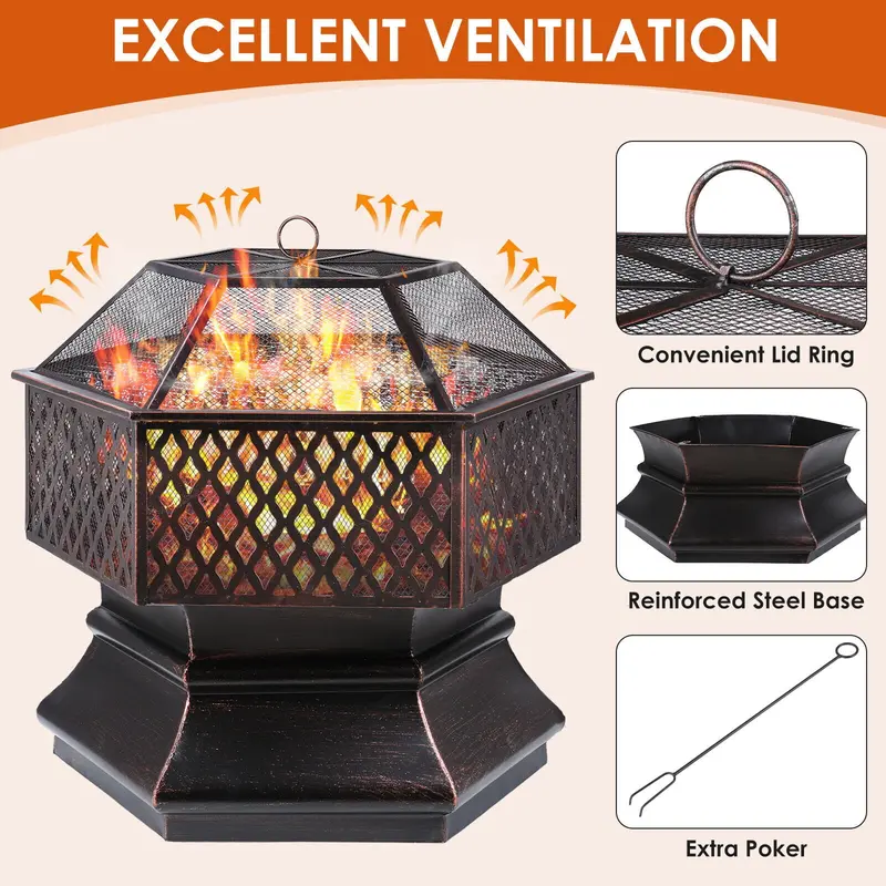 Arlopu 30" Hex Fire Pit Kit: Wood-Burning Outdoor Fireplace With Spark Screen And Fire Poker 1