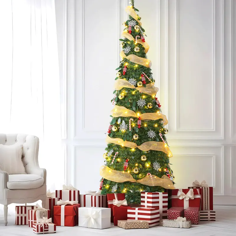 Arlopu 4-Foot Collapsible Pre-Lit Christmas Tree – Festive Artificial Xmas Tree With 100 Warm White & Colorful Lights, Ornaments, And Ribbon 1