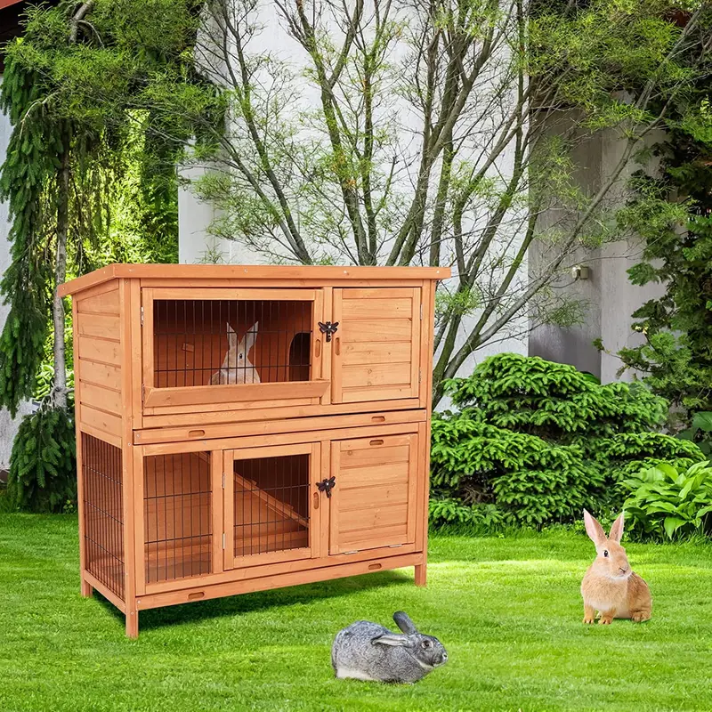 Arlopu 42.3-Inch Wooden Rabbit Hutch – Indoor/Outdoor Bunny Cage With Spacious Two-Tier Design 1