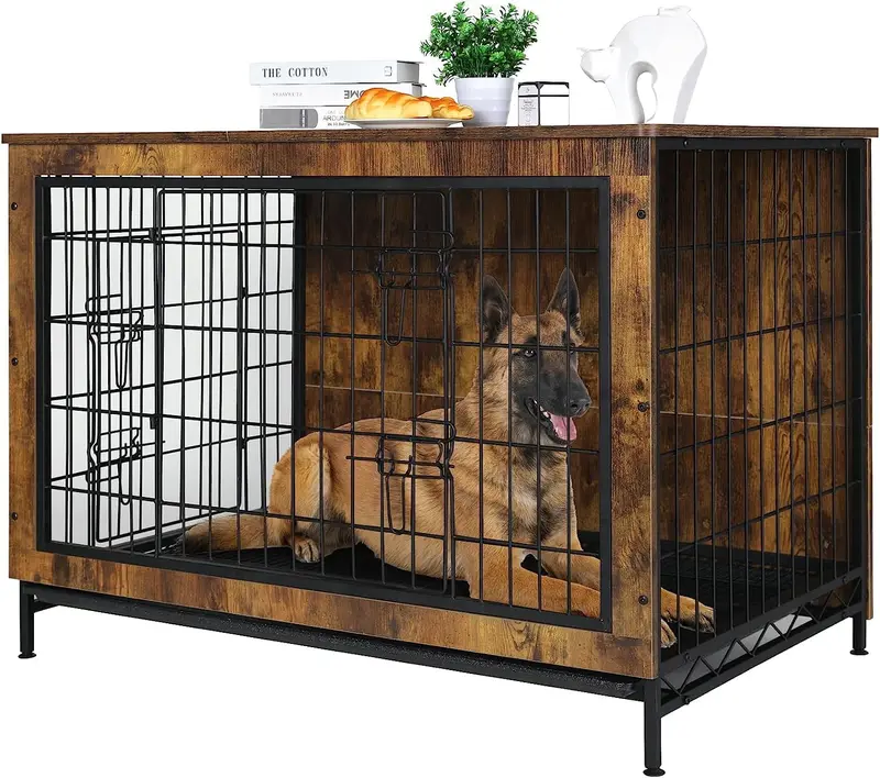 Arlopu 44.1-Inch Wooden Dog Crate Furniture – Stylish Side Table Kennel With Double Doors And Removable Tray 1