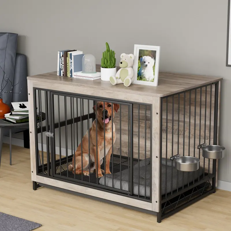 Arlopu 44.1-Inch Wooden Dog Crate – Heavy-Duty Indoor Kennel With Dual Bowls, Plastic Tray & End Table Aesthetic 1