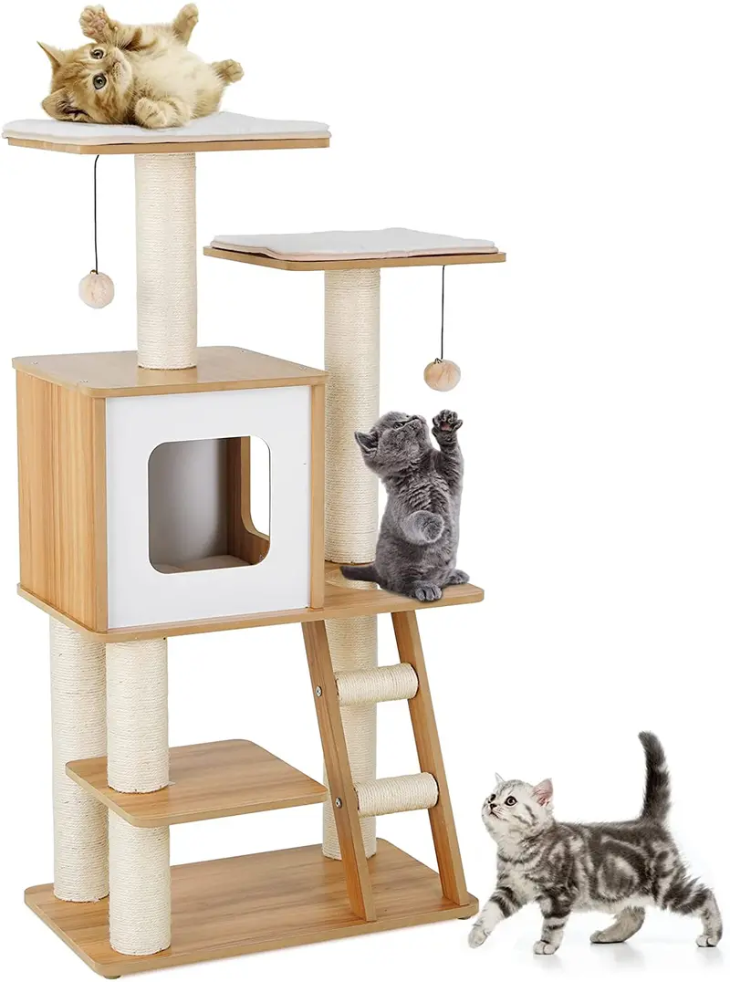 Arlopu 45-Inch Modern Cat Tree Tower – Stylish Wooden Climbing Condo With Sisal Posts, Ladder, And Washable Plush Mats 1