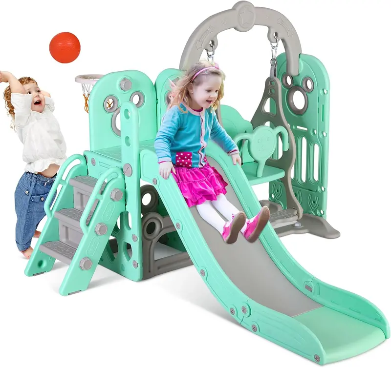 Arlopu 5-In-1 Toddler Slide Climber – Includes Swing, Basketball Hoop, Ball, Storage & Suction-Reinforced Base For Indoor/Outdoor Use 1