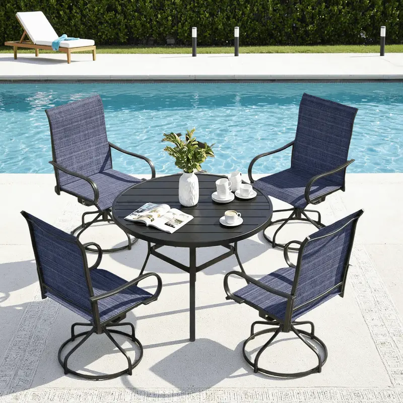 Arlopu 5-Piece Blue Outdoor Set – Round Table + 4 Textilene Swivel Chairs 1