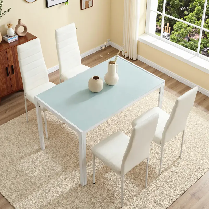 Arlopu 5-Piece Indoor Dining Set – Tempered Glass Table + 4 Pu-Upholstered Steel-Frame Chairs For Compact Dining Spaces 1