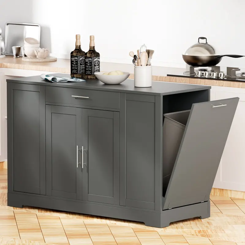 Arlopu 53-Inch Portable Kitchen Island – Rolling Cart With Trash Can Compartment & Open Side Shelving 1