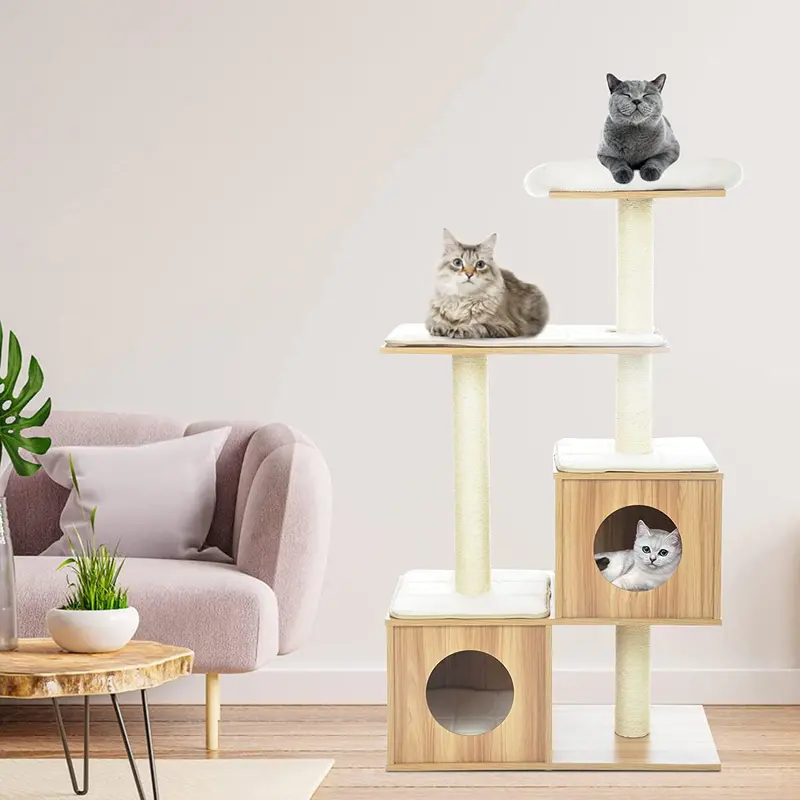 Arlopu 55.6-Inch Large Cat Condo – Contemporary Wooden Climbing Tower With Layered Platforms, Sisal Wrapping, And Plush Removable Mats 1
