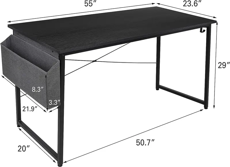 Arlopu 55-Inch Home Office Desk – Modern Study Writing Table With Side Storage Bag And Clean-Line Design 1