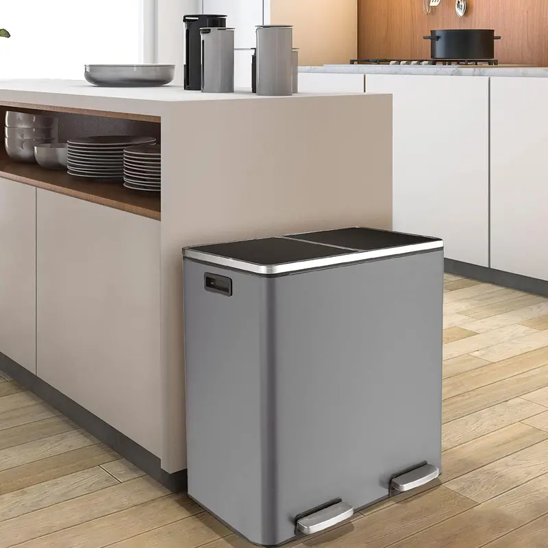 Arlopu 60L Double-Bin Stainless Steel Kitchen Trash Can – Fingerprint-Resistant, Recyclable Dual Compartment 1