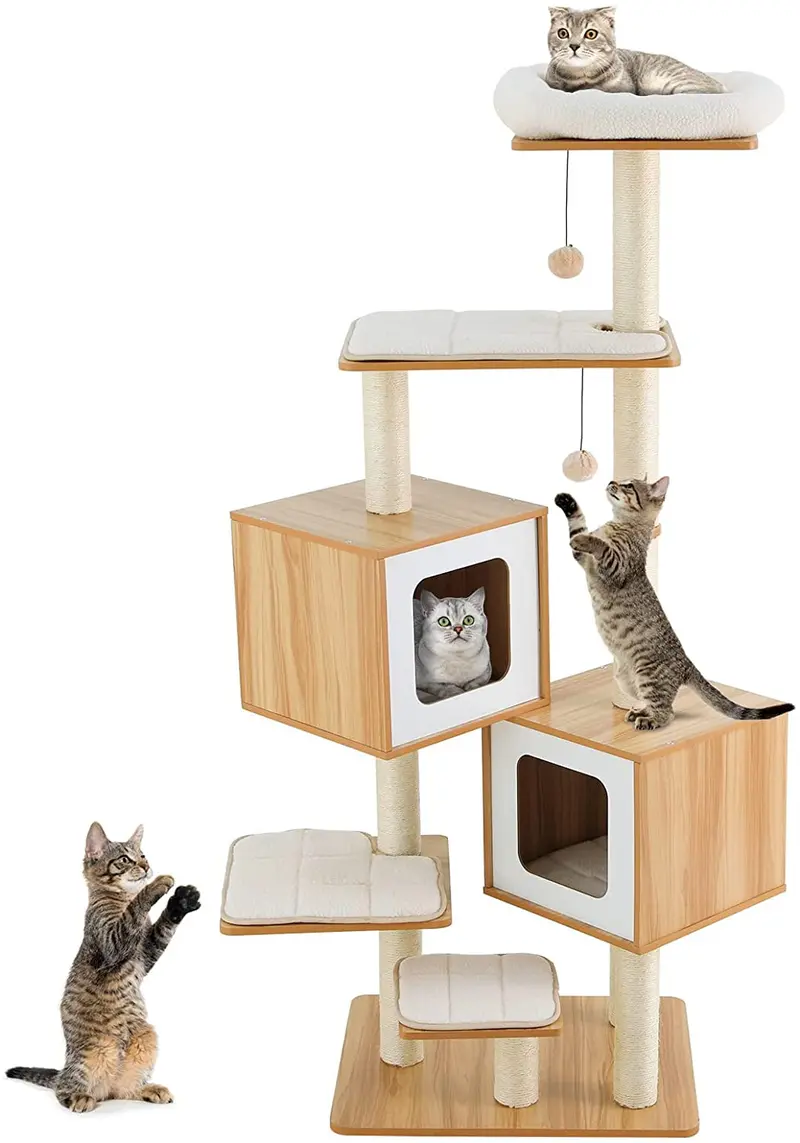 Arlopu 63-Inch Multi-Level Cat Tree – Spacious Wooden Activity Center With Hanging Toys, Perch, Hammock, And Replaceable Mats 1