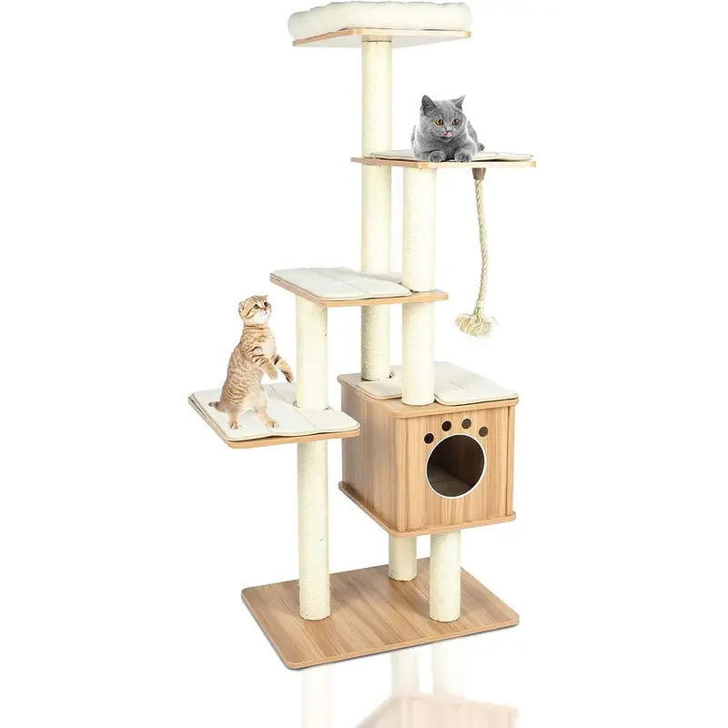 Arlopu 68-Inch Wood Cat Tower – Tall Climbing Tree With Dual Condos, Robust Scratching Posts, And Comfortable Mats For All Life Stages 1
