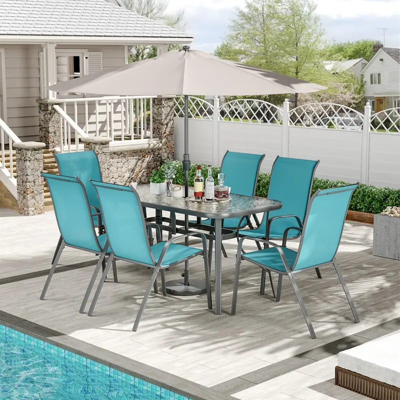 Arlopu 7-Person Outdoor Patio Set – Durable Tempered Glass Dining Table With 6 Weatherproof Textilene Chairs 1