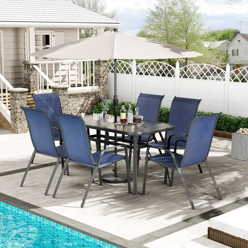 Arlopu 7-Piece Backyard Patio Furniture Set – Modern Rectangular Dining Table With 6 Ergonomic Chairs & Umbrella Opening 1