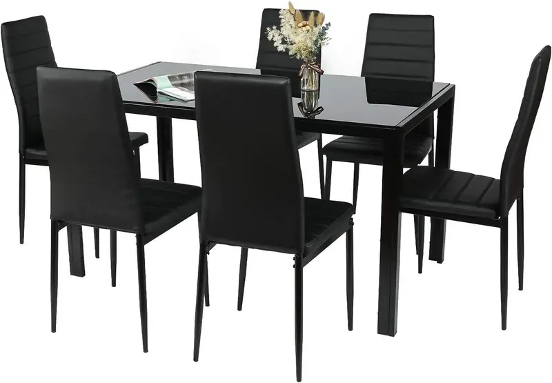 Arlopu 7-Piece Black Glass Dining Set For Six: Sleek Rectangle Table With Pu Leather Dining Chairs 1