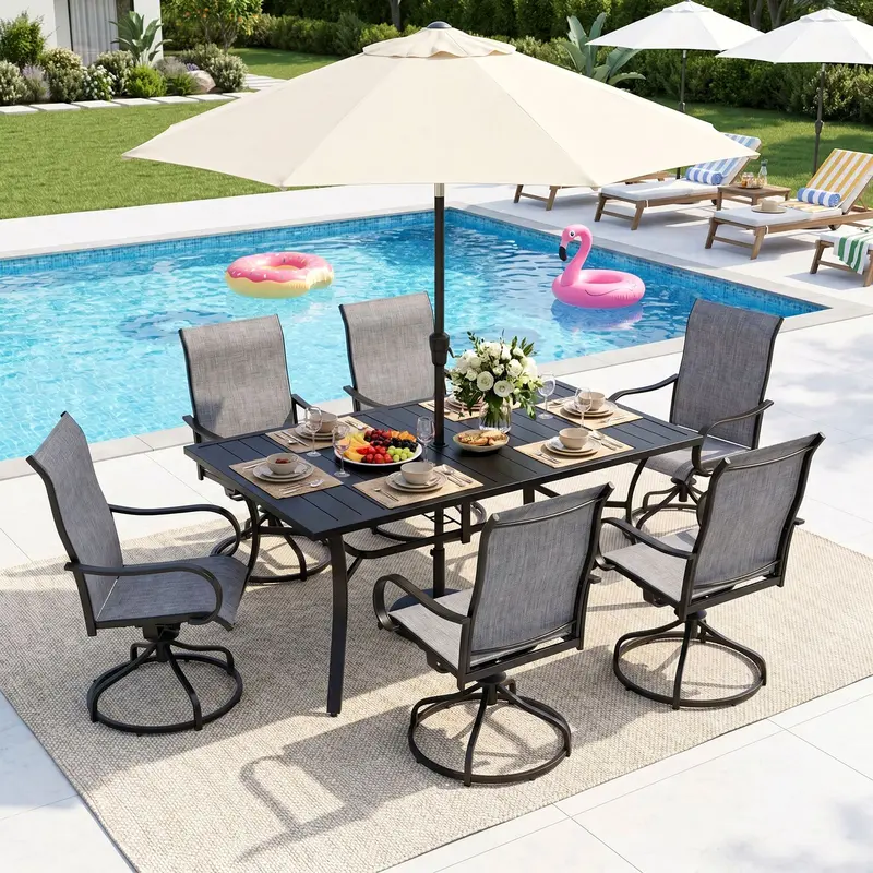 Arlopu 7-Piece Outdoor Dining Set – Rectangular Table + 6 360° Swivel Chairs 1