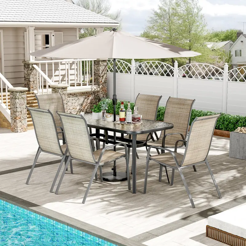 Arlopu 7-Piece Outdoor Patio Dining Set – Rectangular Tempered Glass Table With 6 Matching Chairs & Umbrella Hole 6