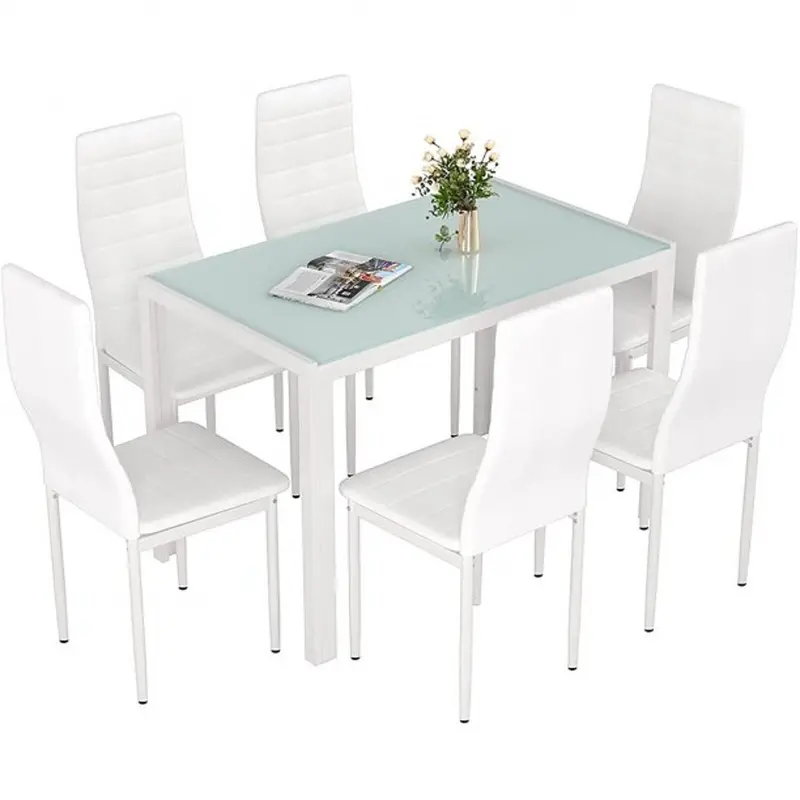 Arlopu 7-Piece White Glass Dining Set For Six: Minimalist Table With Pu Leather Dining Chairs 1
