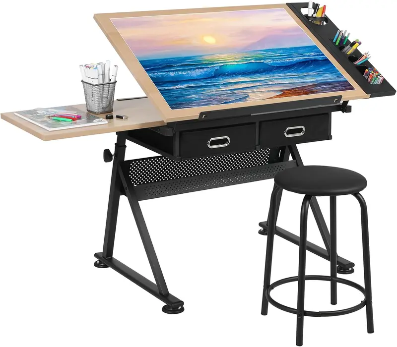 Arlopu Adjustable Drafting Desk With Stool – Tilting Art & Study Table Featuring 2 Drawers, Side Shelf, And Mdf Workstation For Home Or School 1