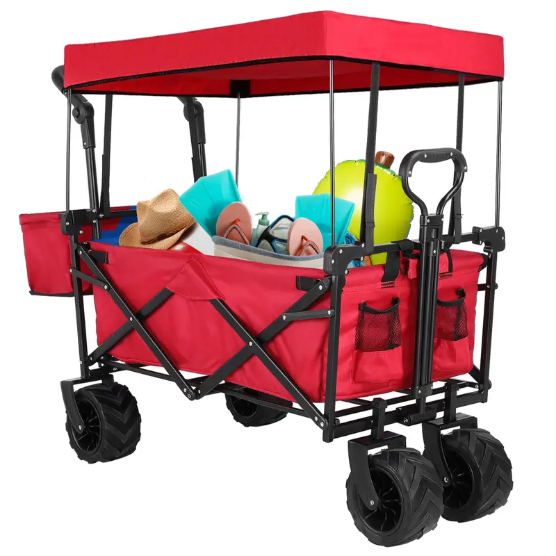 Arlopu Collapsible Garden Wagon With Canopy – Folding Utility Cart Featuring Adjustable Handles & Uv Shade Cover 1