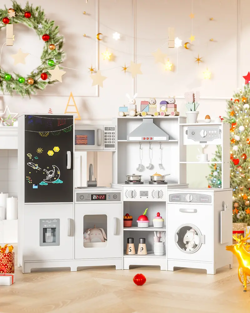 Arlopu Corner Wooden Play Kitchen – Full-Featured Set With Lights, Sounds, Sink, Stove, Range Hood, Ice Maker & Washing Machine 1