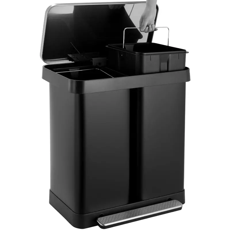 Arlopu Dual-Compartment Kitchen Trash Can – 16-Gallon Step-Operated Stainless Steel Recycling Bin With Lids 1