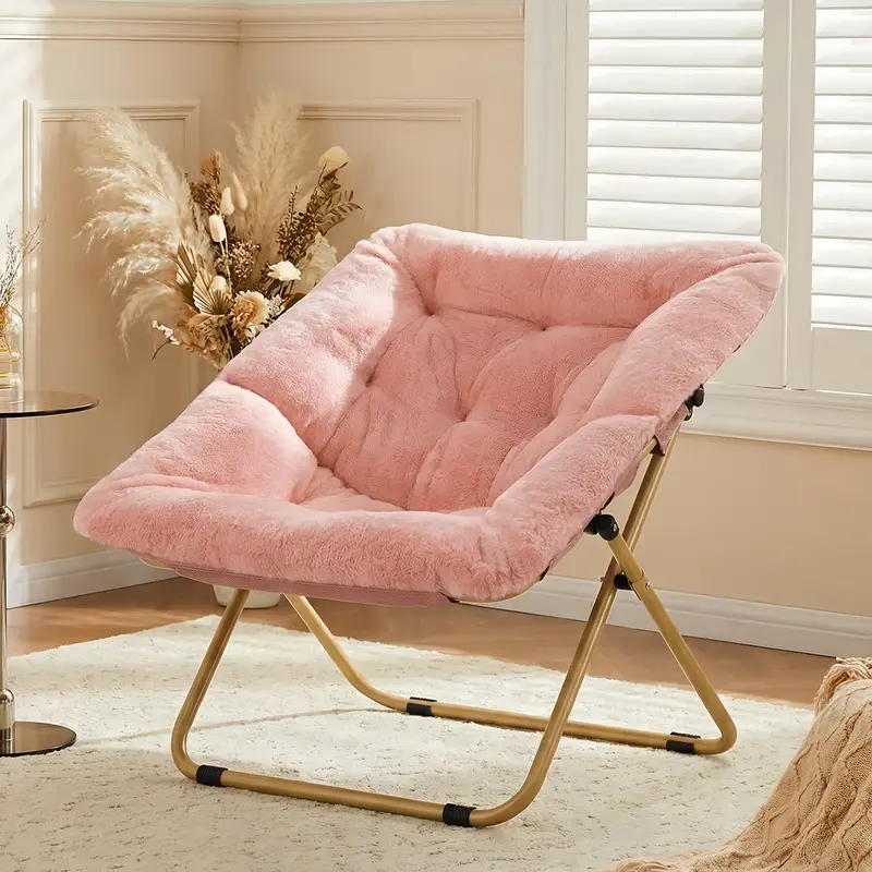 Arlopu Foldable Faux Fur Saucer Chair With Side Pocket – Compact Lounge Seat For Bedroom Or Dorm, Pink 1