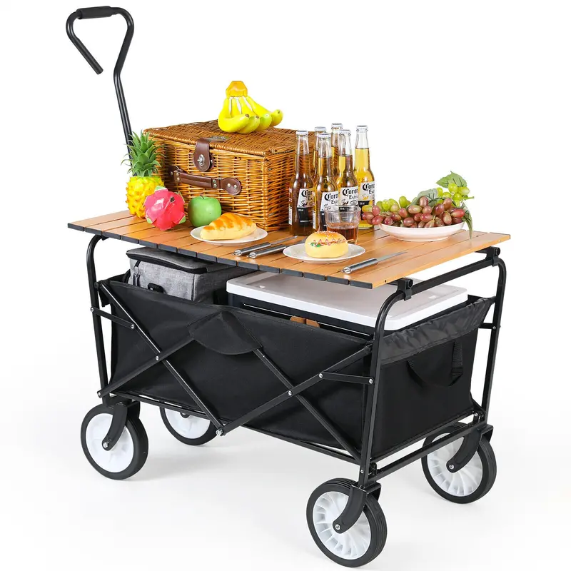 Arlopu Foldable Utility Wagon With Integrated Aluminum Table – Portable Outdoor Cart For Picnics, Camping & Grocery Runs (150 Lb Capacity) 1