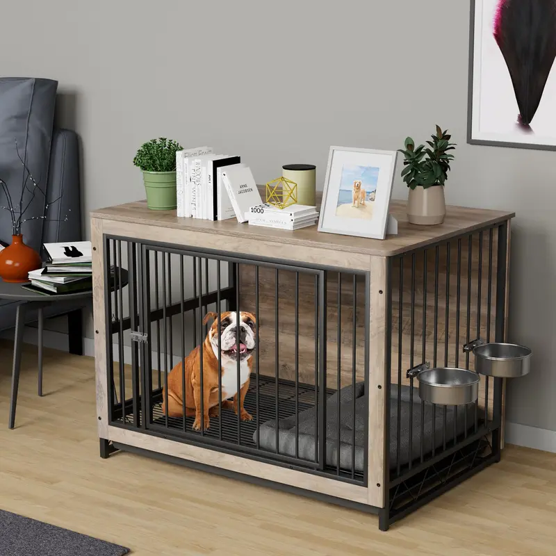 Arlopu Furniture-Grade Dog Crate – Modern Wooden End Table Kennel With Stainless Bowls, Pull-Out Tray & Pet-Safe Design 1