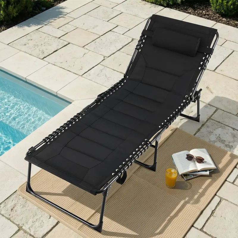 Arlopu Gray Folding Chaise Lounge – Reinforced Reclining Patio Chair With Pillow Support, Side Organizer & 5-Angle Adjustability 1