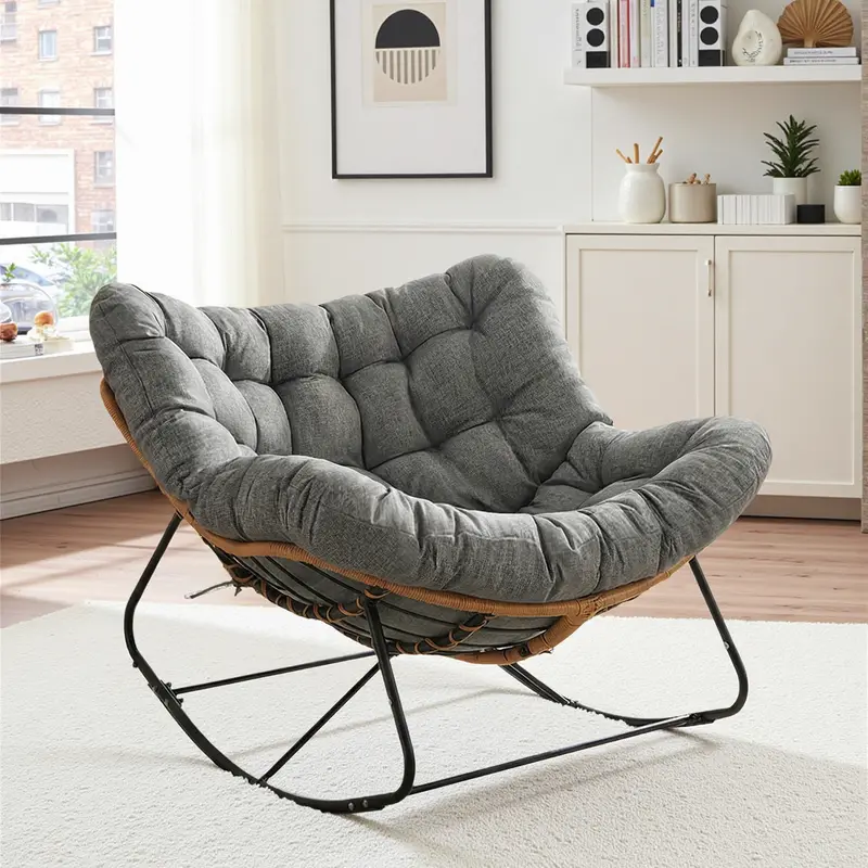 Arlopu Indoor-Outdoor Papasan Rocker – Large Wicker Egg Chair With Plush Cushion 1