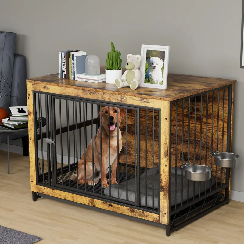 Arlopu Large Wooden Dog House Crate – 44.1-Inch Furniture-Style Kennel With Stainless Bowls & Easy-Clean Tray 1
