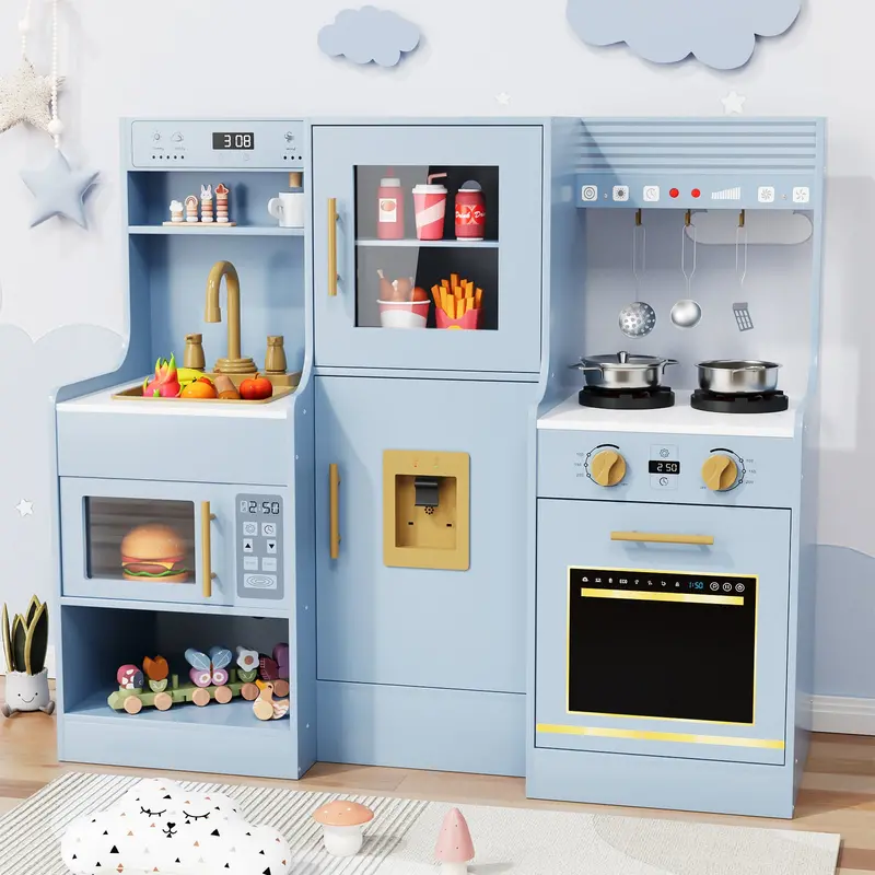 Arlopu Light & Sound Pretend Kitchen Set – Interactive Wooden Play Kitchen With Sink, Stove, Water Dispenser & 6-Piece Accessories 1