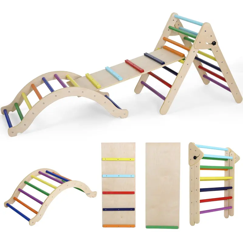 Arlopu Montessori Pikler Triangle Climbing Set For Toddlers – Wooden 3-In-1 Gym With Ramp, Arch & Rocking Dome, Foldable Indoor Play Structure 1