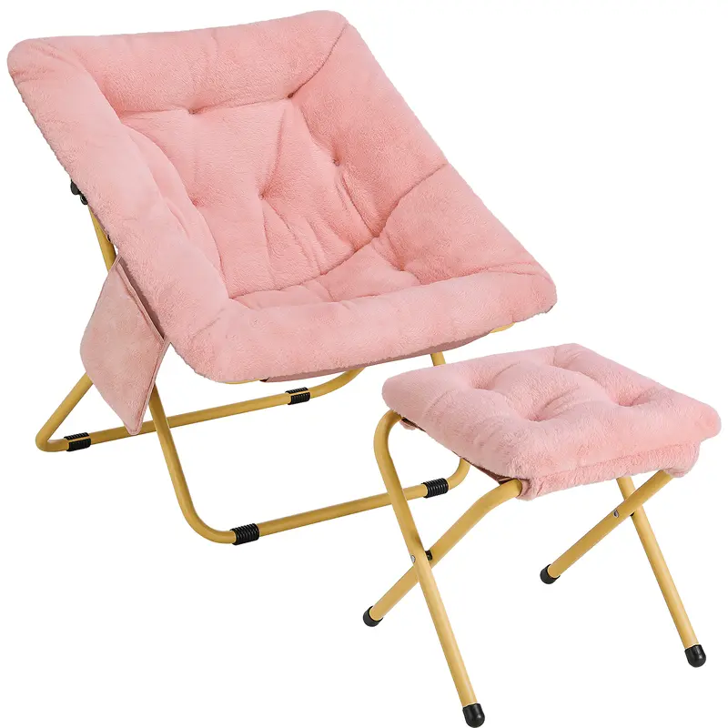 Arlopu Oversized Foldable Saucer Chair With Matching Ottoman – Plush Pink Lounge Set For Living Room Or Dorm 1