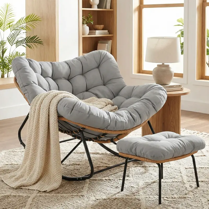 Arlopu Papasan Rocker With Ottoman – Premium Wicker Lounge For Living Spaces & Patios 1