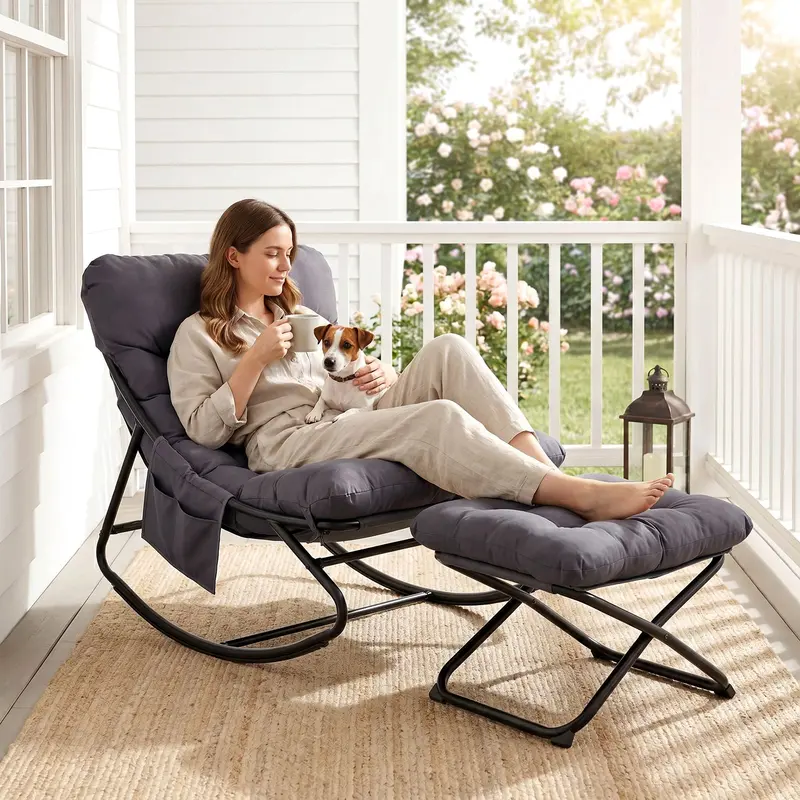 Arlopu Papasan Rocking Chair With Matching Ottoman – Indoor/Outdoor Wicker Lounge 1