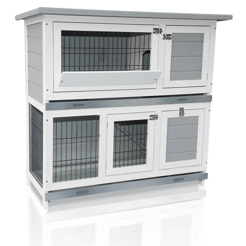 Arlopu Rolling 42.3" Rabbit Hutch – Two-Story Wooden Small Animal Cage With Ramp And Backyard-Friendly Mobility 1