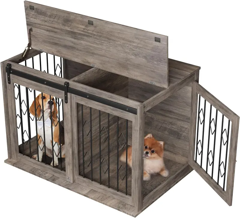 Arlopu Sliding Barn-Door Dog Crate – Stylish Wooden Pet Kennel End Table With Flip-Top Lid & Divider 1