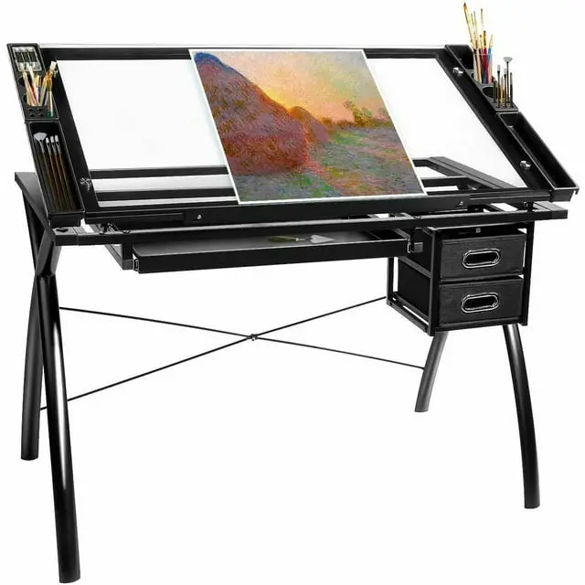 Arlopu Tempered Glass Drafting Table – Height-Adjustable Drawing Desk With Steel Frame & Built-In Storage Drawers 1