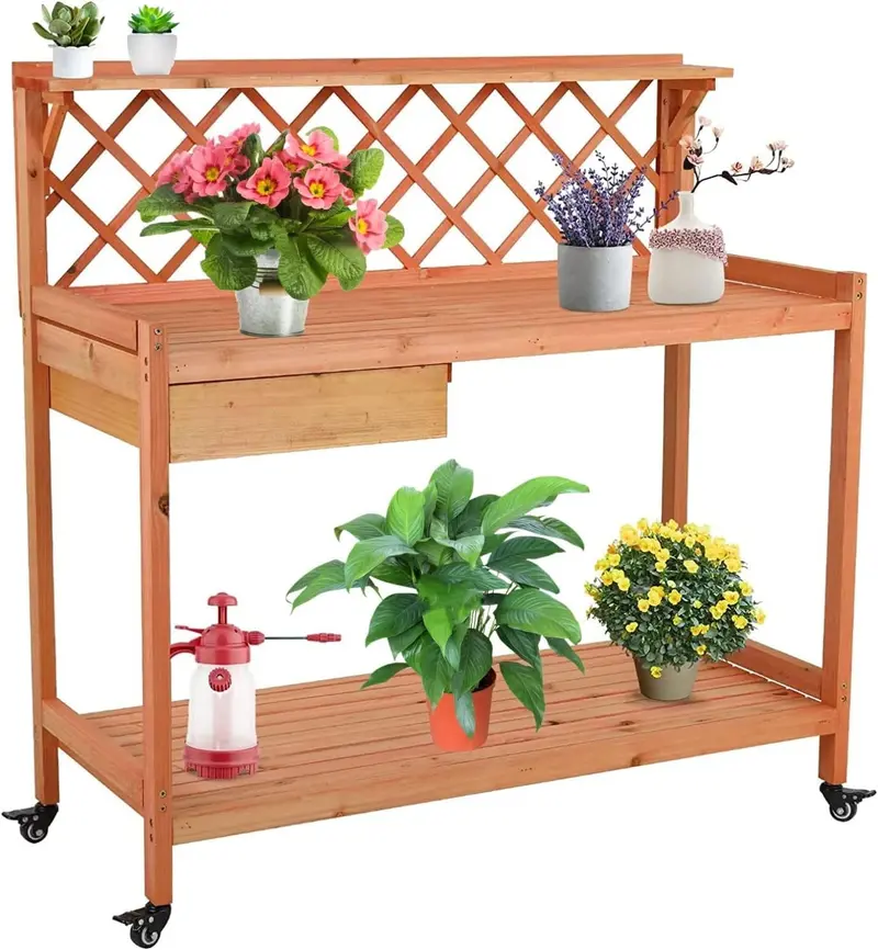 Arlopu Wheeled Planting Table – Outdoor Wooden Potting Bench With Storage Drawer & Shelf 1