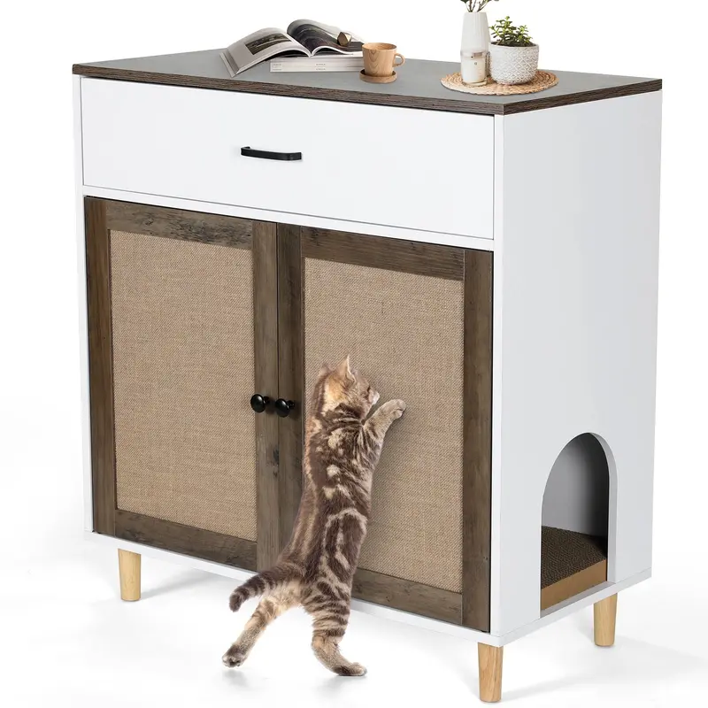 Arlopu Wooden Cat Litter Enclosure – Stylish Hidden Litter Box Furniture With Large Drawer, Dual Sisal Doors, And Washroom Bench Functionality 1