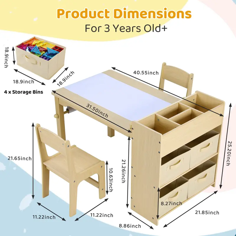 Arlopu Wooden Toddler Art Desk & Chair Set – Craft Table With Paper Roll Holder, 4 Bins & Shelf Storage 1