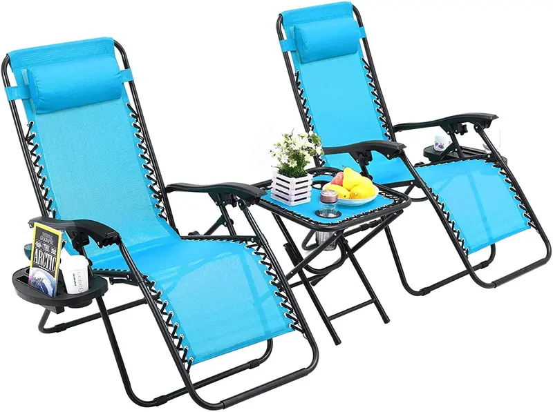 Arlopu Zero-Gravity Lounge Chair Set – 3-Piece Folding Recliner Collection With Pillows & Side Tables 1